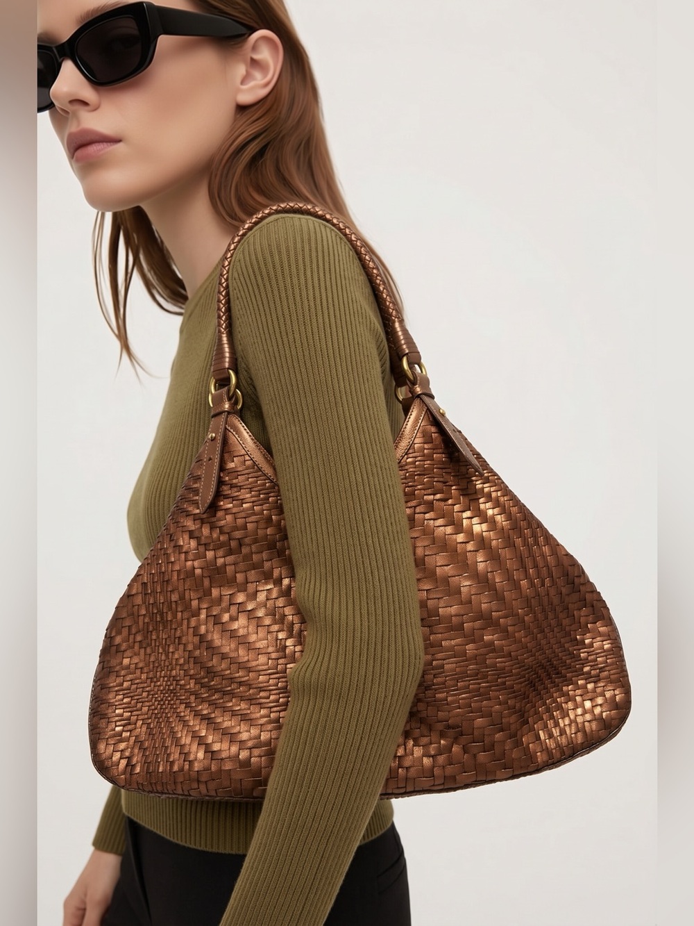 Cole Haan Leather Metallic Copper Woven Shoulder Bag w/Dust Bag,ink stain inside